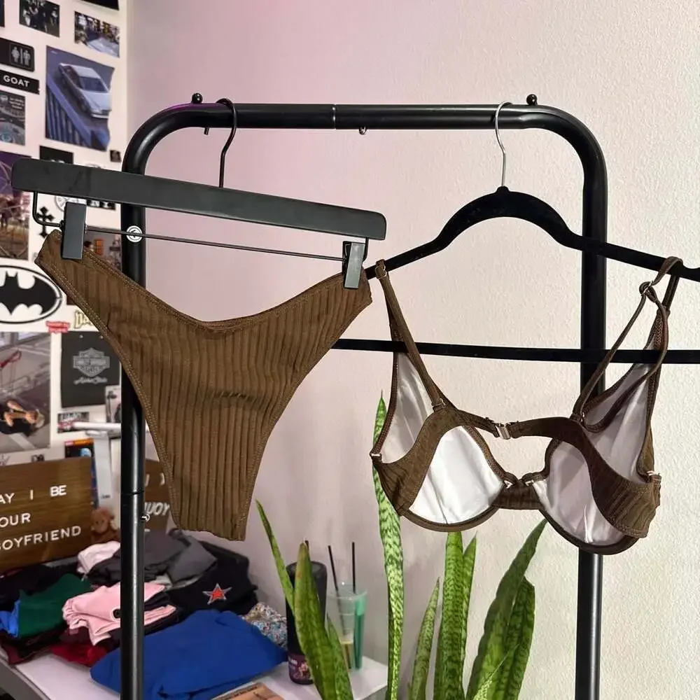 Unbranded Ribbed Brown Bikini Set Underwire Top Small